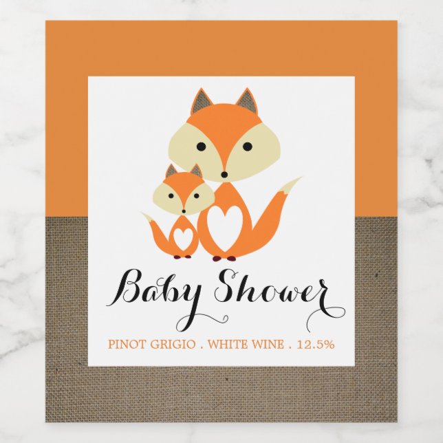 Etiqueta Para Botella De Vino Naranja Fox Burlap Baby Shower (Etiqueta única)