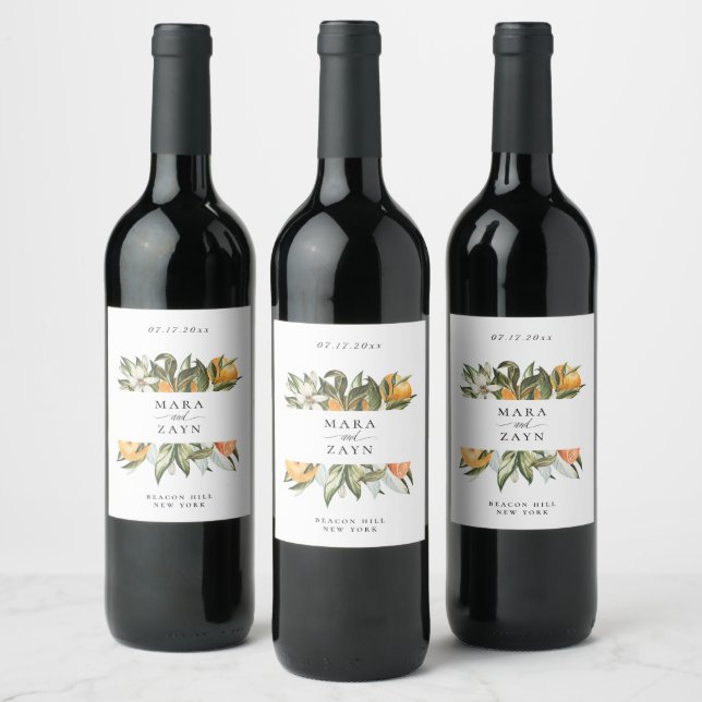 Etiqueta Para Botella De Vino Naranja Grove Citrus Boda Botánico (Botellas)