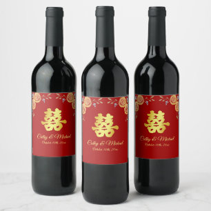 Etiqueta Para Botella De Vino Naranja rojo floral boda china doble felicidad