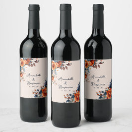 Etiqueta Para Botella De Vino Naranja Rústico Quemado y Boda Azul