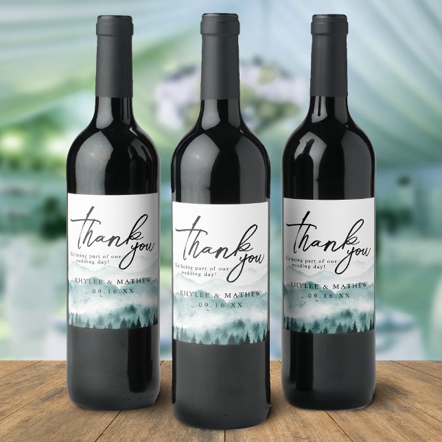 Etiqueta Para Botella De Vino Naturaleza Pine Trees Gracias (Nature Mountain Pine Trees Thank You Wine Label)