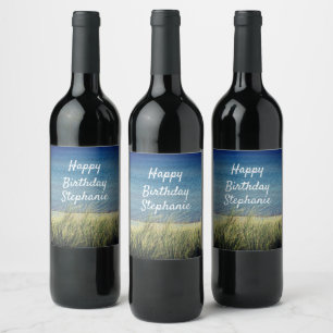 Etiqueta Para Botella De Vino Nautical Blue Happy Birday Beach Landscape Guay