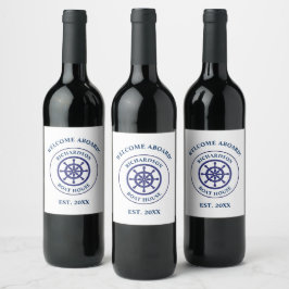 Etiqueta Para Botella De Vino Nautical Navy Blue Ship Wheel nombre del barco