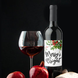 Etiqueta Para Botella De Vino Navidad Bonita Muérdago Rojo Acuarela