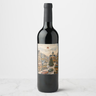 Etiqueta Para Botella De Vino Navidad, Calle Festiva Nostálgica de Pueblo Pequeñ