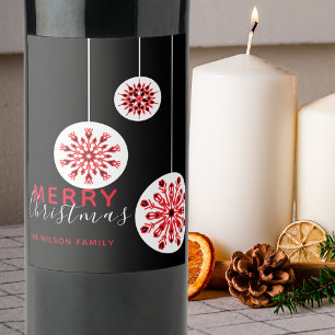 Etiqueta Para Botella De Vino Navidad Copo de Nieve Nórdico Rojo Negro