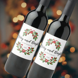 Etiqueta Para Botella De Vino Navidad Familiar de Muérdago Alegre y Brillante