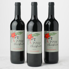 Etiqueta Para Botella De Vino Navidad Feliz de Poinsettia Roja personalizada