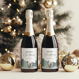 Etiqueta Para Botella De Vino Navidad Verde Bosque de Pinos Acuarela Festivo