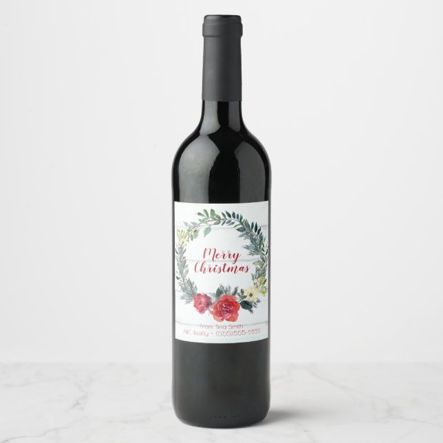 Etiqueta Para Botella De Vino Navidad Wreath Merry personalizada (Anverso)