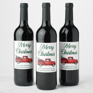 Etiqueta Para Botella De Vino Navidades Acuarela Red Truck Tree String Luces