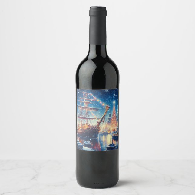 Etiqueta Para Botella De Vino Navidades/barco atracado en invierno (Anverso)