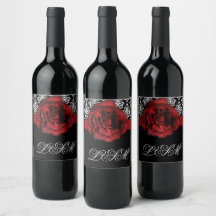 Navidades Damask Wedding Etiqueta de vino Rosa Roj