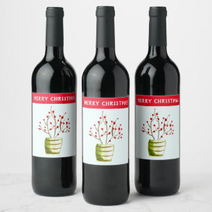 Etiqueta Para Botella De Vino Navidades de acuarela de las Berries Rojas
