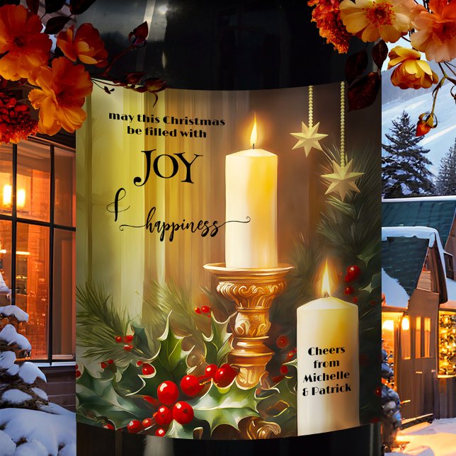Etiqueta Para Botella De Vino Navidades de Mistletoe (Classic Christmas wine label featuring candles, mistletoe and red berries, and gold stylized stars)