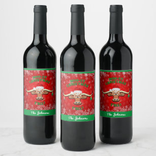 Etiqueta Para Botella De Vino Navidades "MOO-ey", Longhorn Steer