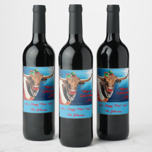 Etiqueta Para Botella De Vino Navidades "MOO-ey", vaca longhorn
