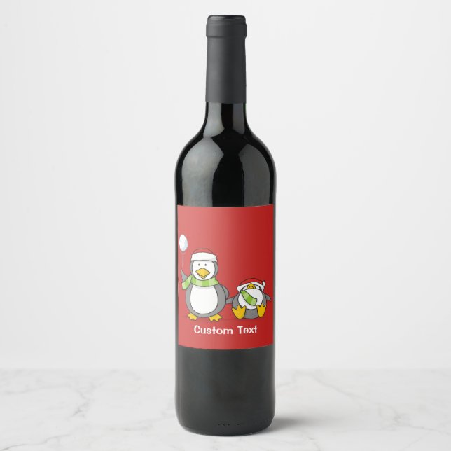 Etiqueta Para Botella De Vino Navidades Pingüinos Snowballing (Anverso)