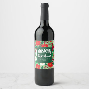 Etiqueta Para Botella De Vino Navidades Poinsettia Monograma Floral Blanco Rojo