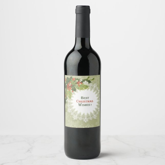 Etiqueta Para Botella De Vino Navidades Red Berries Green Wreath (Anverso)