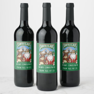 Etiqueta Para Botella De Vino Navidades Santa Claus y Kickin' Reindeer Nevando