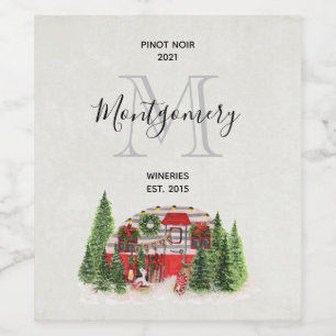 Etiqueta Para Botella De Vino Navidades Trailer Camper Rústica Escena De Vino