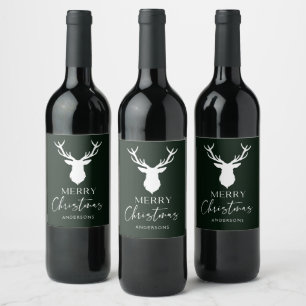 Etiqueta Para Botella De Vino Navidades White Deer Personalizado Verde Oscuro