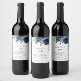 Etiqueta Para Botella De Vino Navy Blue Flowers, Greenery, Boho, Birthday