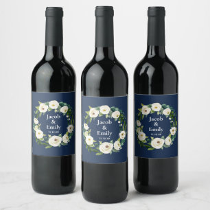 Etiqueta Para Botella De Vino Navy Blue Greenery Nombres Personalizados Fecha Bo