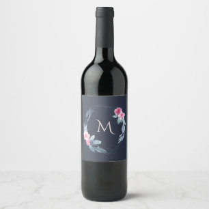 ETIQUETA PARA BOTELLA DE VINO NAVY RUBOR BLUE FLORAL WATERCOLOR DE AGUA MONOGRAM