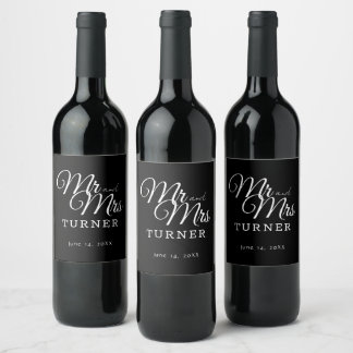 Etiqueta Para Botella De Vino Negro y blanco Sr. y Sra. Boda