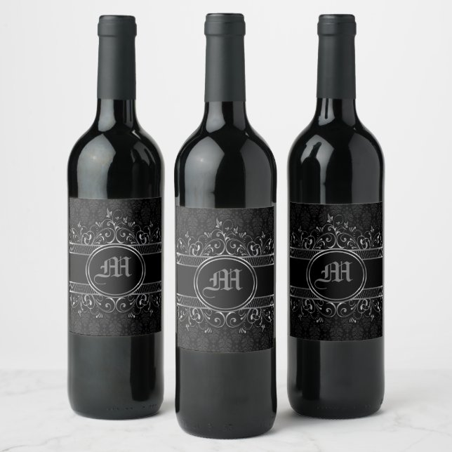 Etiqueta Para Botella De Vino Negro y Plata Ornamentado Monograma Gótico (Botellas)