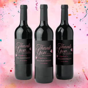 Etiqueta Para Botella De Vino Negro Y Rosa Oro Cumpleaños 50 Agradecimiento 