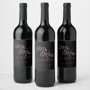 Etiqueta Para Botella De Vino Negro y rosa Sr. y Sra. Boda