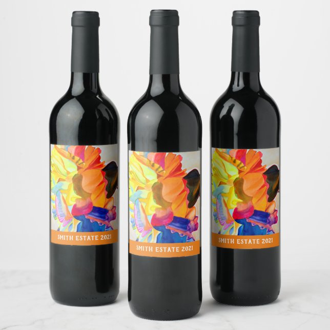 Etiqueta Para Botella De Vino Neon Carnation acuarela flor (Botellas)
