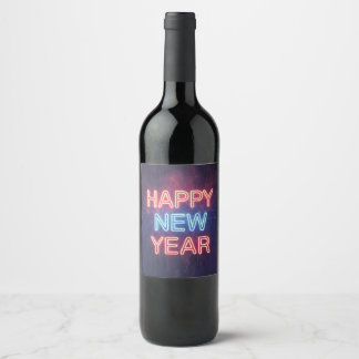 Etiqueta Para Botella De Vino Neon "Happy New Year" Typography with Fireworks