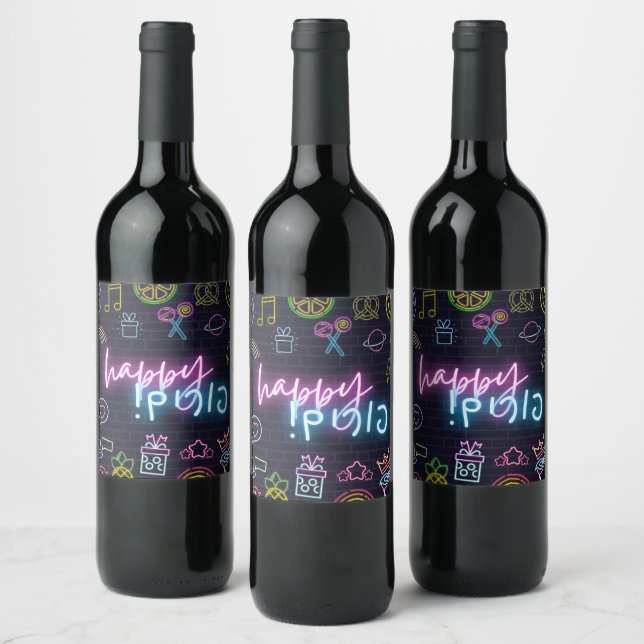 Etiqueta Para Botella De Vino Neon Purim (Botellas)