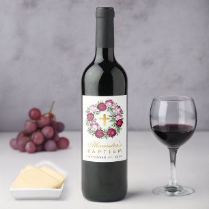 Etiqueta Para Botella De Vino Niña de Bautizo Corona Floral Rosa Burdeos Falso O