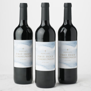 Etiqueta Para Botella De Vino Niño Primera Comunión Acuarela Azul