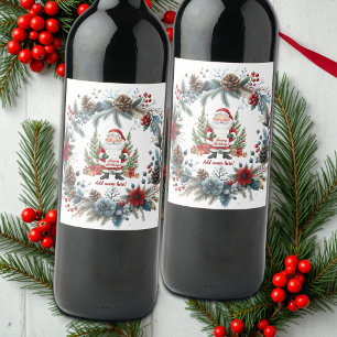Etiqueta Para Botella De Vino Noche de Invierno de Santa Claus Wreath Felices Fi