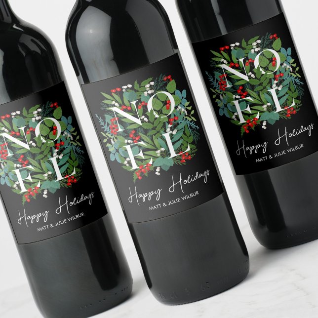 Etiqueta Para Botella De Vino NOEL Greenery Berries Felices Fiestas (Subido por el creador)