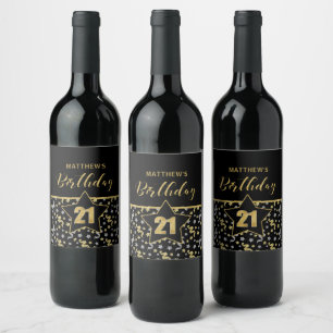 Etiqueta Para Botella De Vino Nombre 21ᵉʳ Birthday Confetti Tema en oro sobre ne