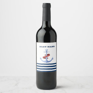 Etiqueta Para Botella De Vino Nombre de Barco Náutico, Ancla Azul Franjas Azules