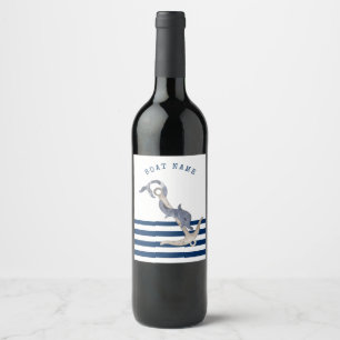 Etiqueta Para Botella De Vino Nombre de Barco Náutico, Ancla Delfín Azul Marina