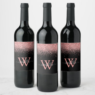 Etiqueta Para Botella De Vino Nombre de guión elegante rosa negro monogramado