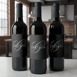 Etiqueta Para Botella De Vino Nombre de letra inicial negra Monograma Gris
