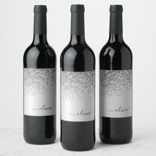 Etiqueta Para Botella De Vino Nombre de monograma de metal con brillo de purpuri
