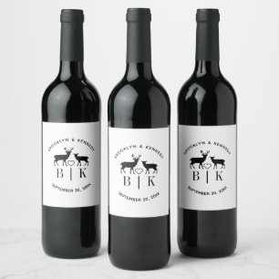 Etiqueta Para Botella De Vino Nombre de Pareja Ciervo Monograma Boda Rústica Paí