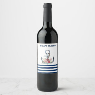 Etiqueta Para Botella De Vino Nombre del barco, flores de ancla azul marino raya