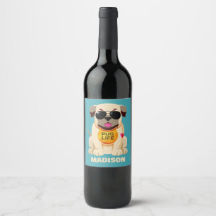 Etiqueta Para Botella De Vino Nombre personalizado y color de la vida de la pug
